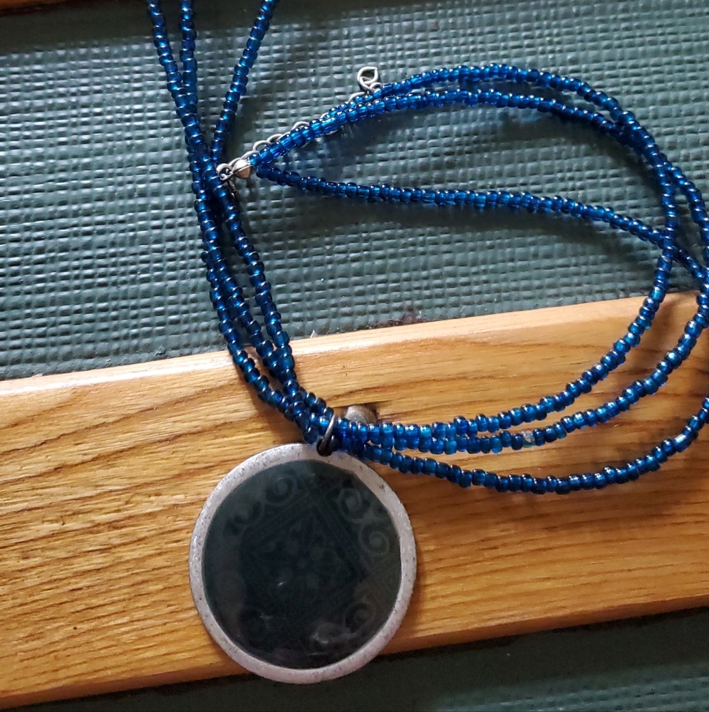 J. Jill Casual Boho Blue Seed Bead Necklace with Mandala Pendant